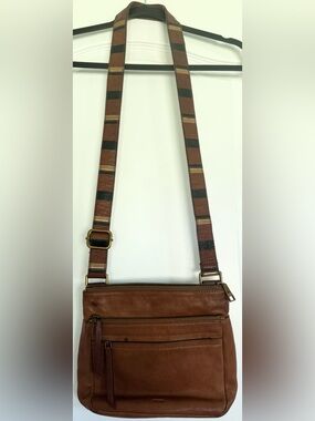 Fossil Brown Leather Crossbody Bag Multi Zip Organizer Purse